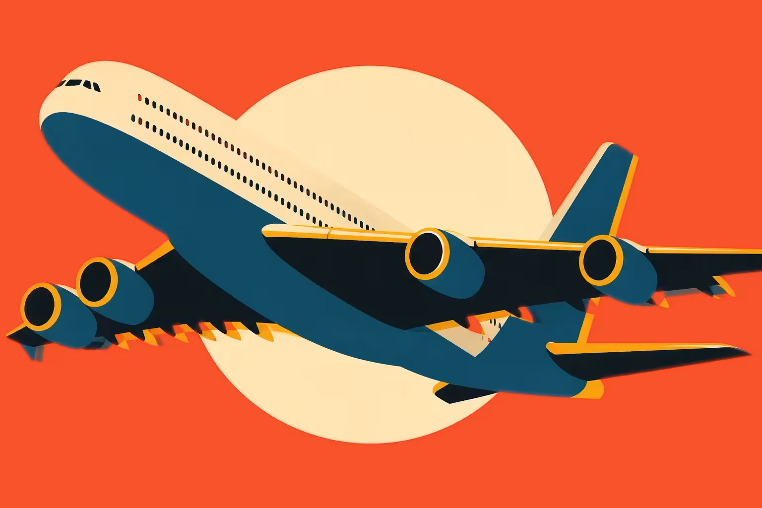 Silkscreen-style poster illustration of a four-engine double-deck Airbus A380 seen from below against a vermilion sky