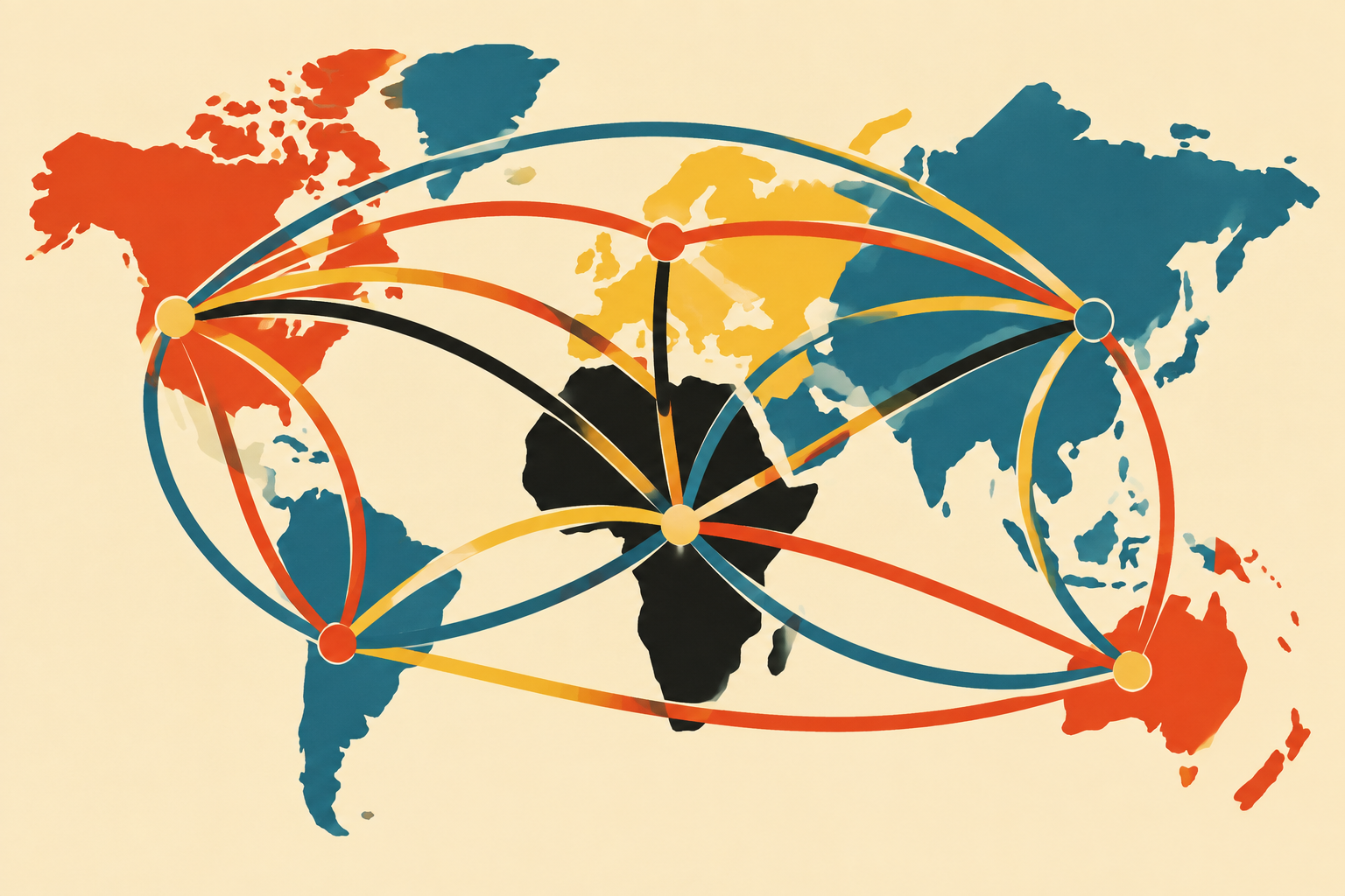 Silkscreen poster illustration of a flat world map with a fan of flight-path arcs sweeping between continents in vermilion, marigold and teal.