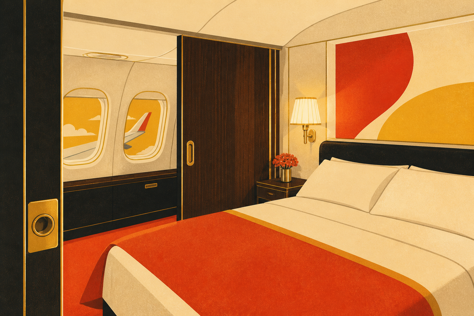 Silkscreen illustration of private First Class suite with double bed