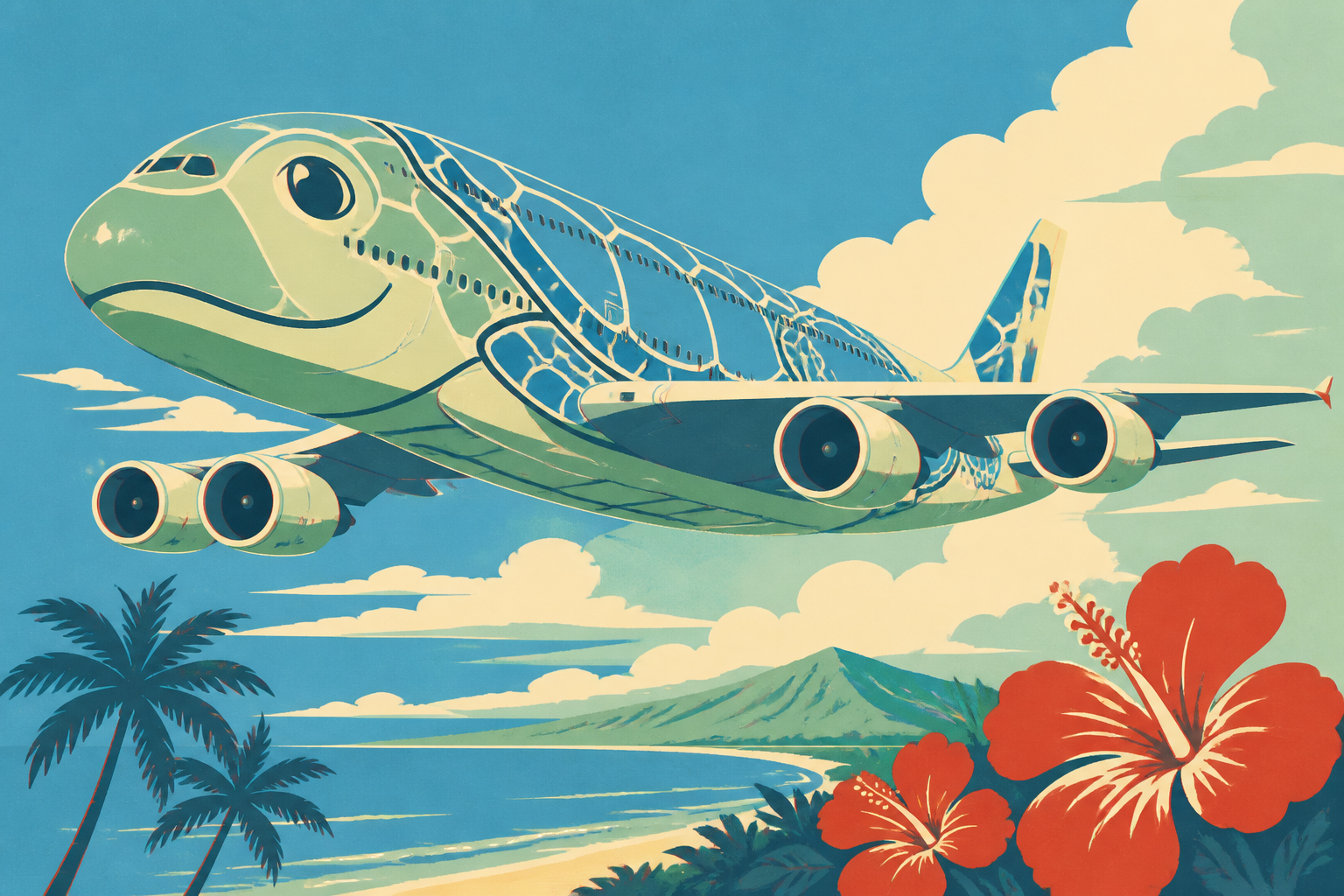 Silkscreen illustration of ANA Flying Honu blue sea turtle Airbus A380