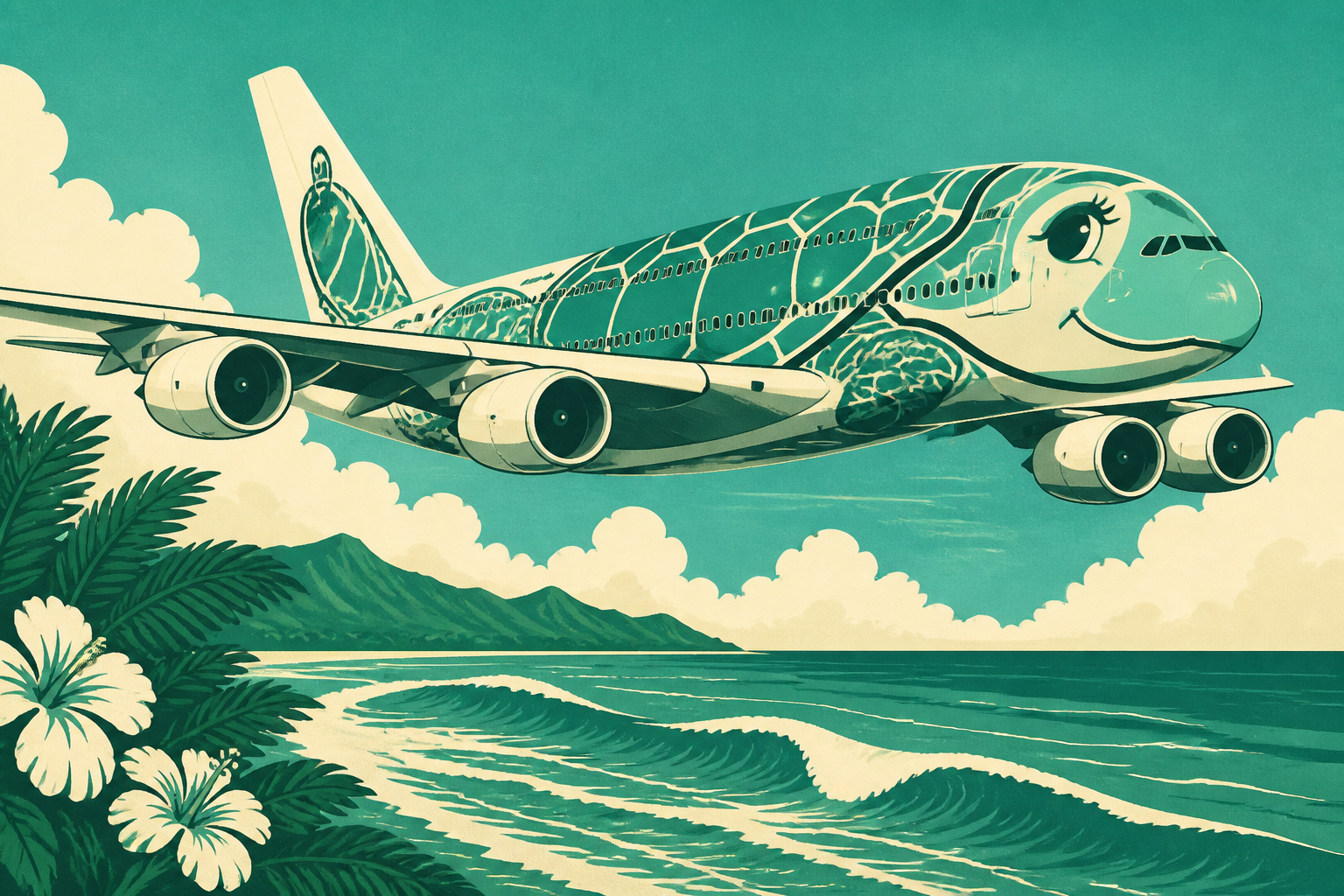 Silkscreen poster illustration of ANA Flying Honu Unit 2 Kai in Pacific emerald green