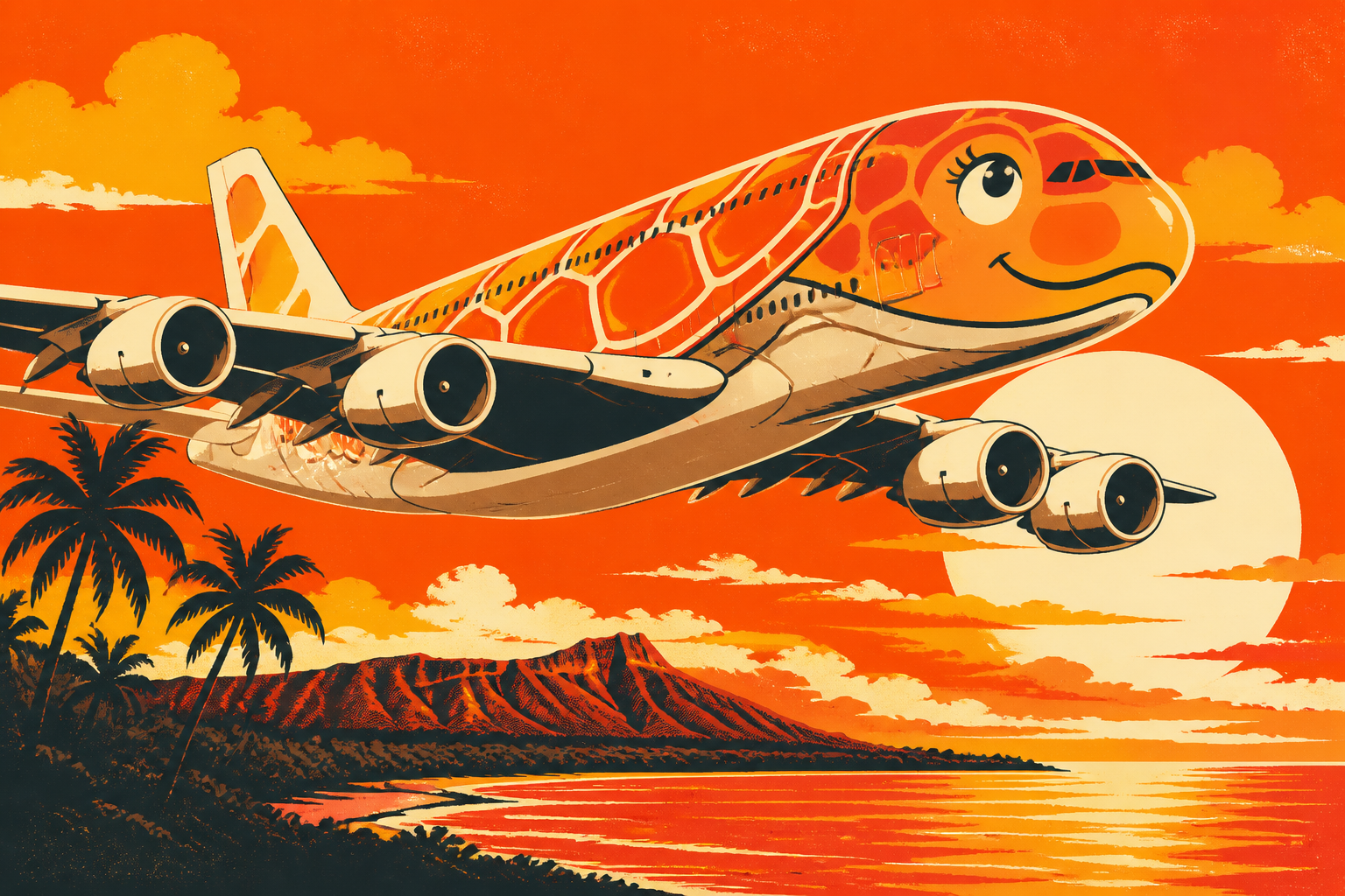 Silkscreen poster illustration of ANA Flying Honu Unit 3 Ka La in sunset orange