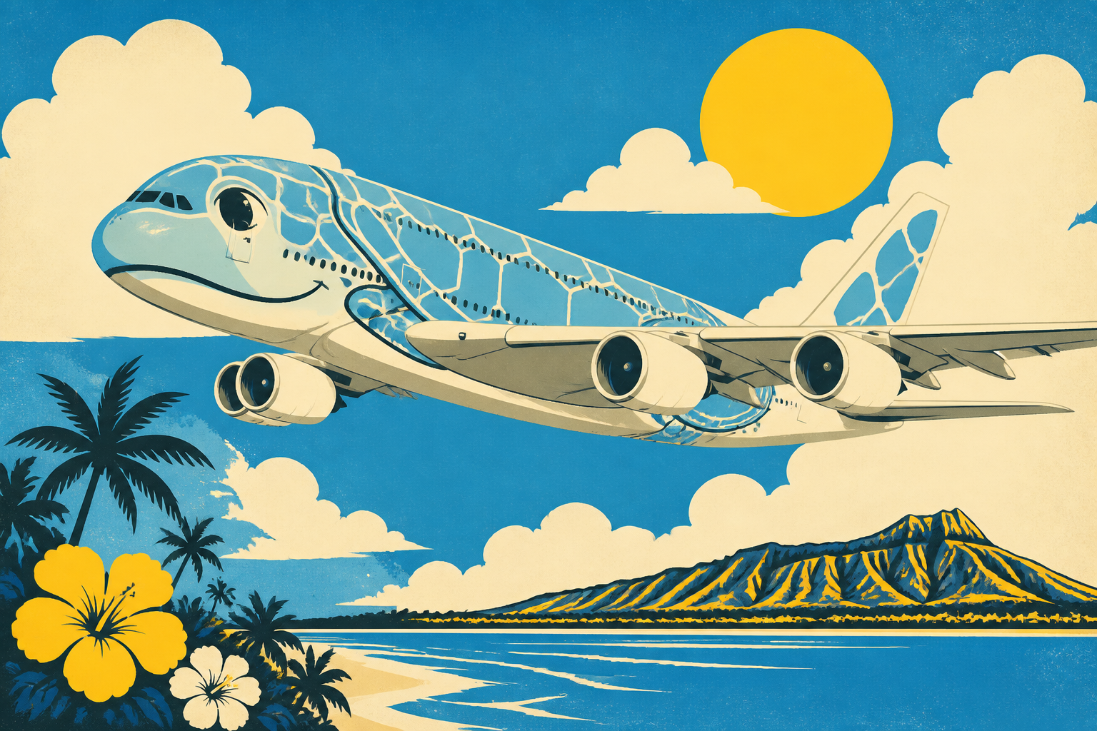 Silkscreen poster illustration of ANA Flying Honu Unit 1 Lani in cheerful sky blue