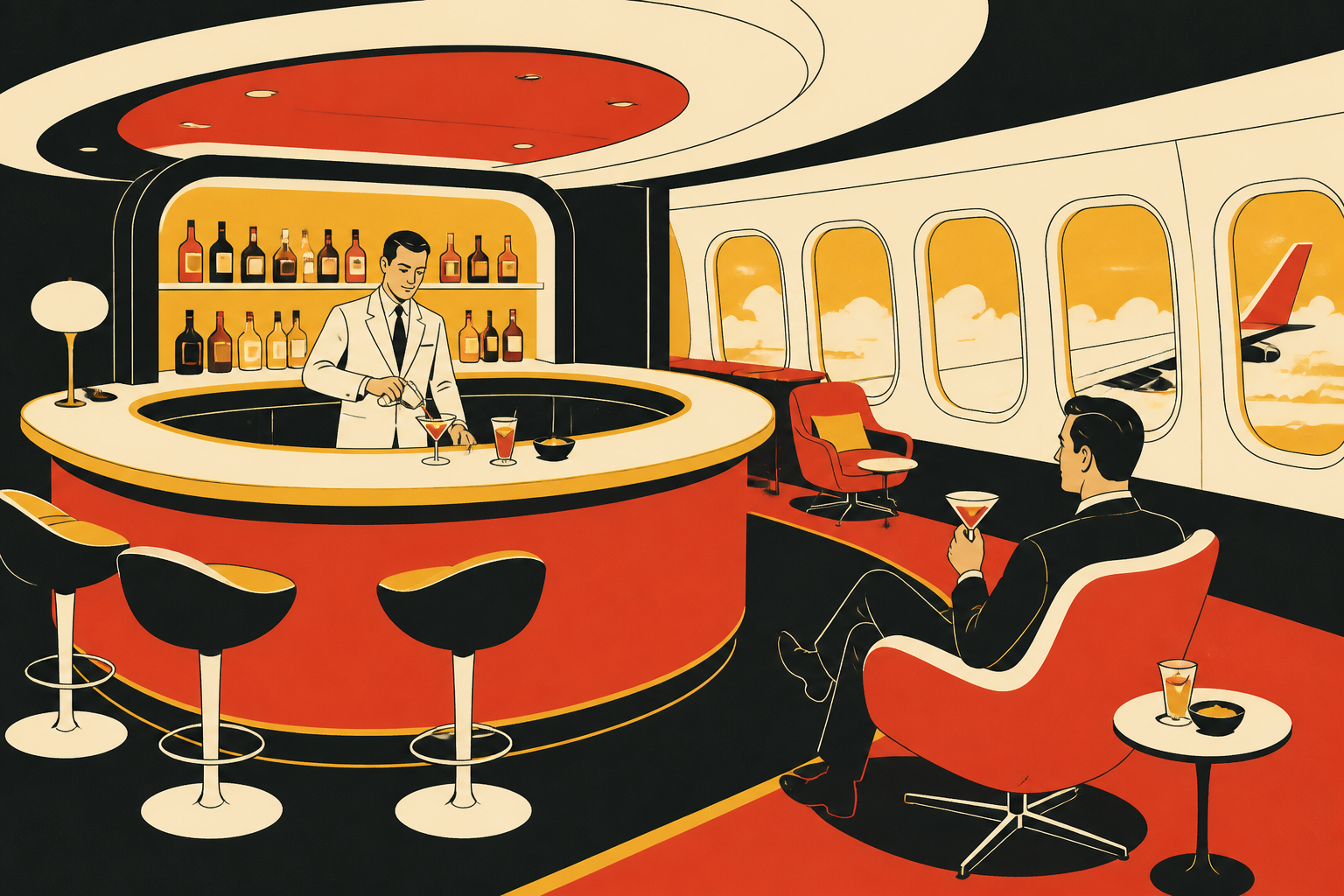 Silkscreen graphic of the luxury upper deck lounge and horseshoe cocktail bar