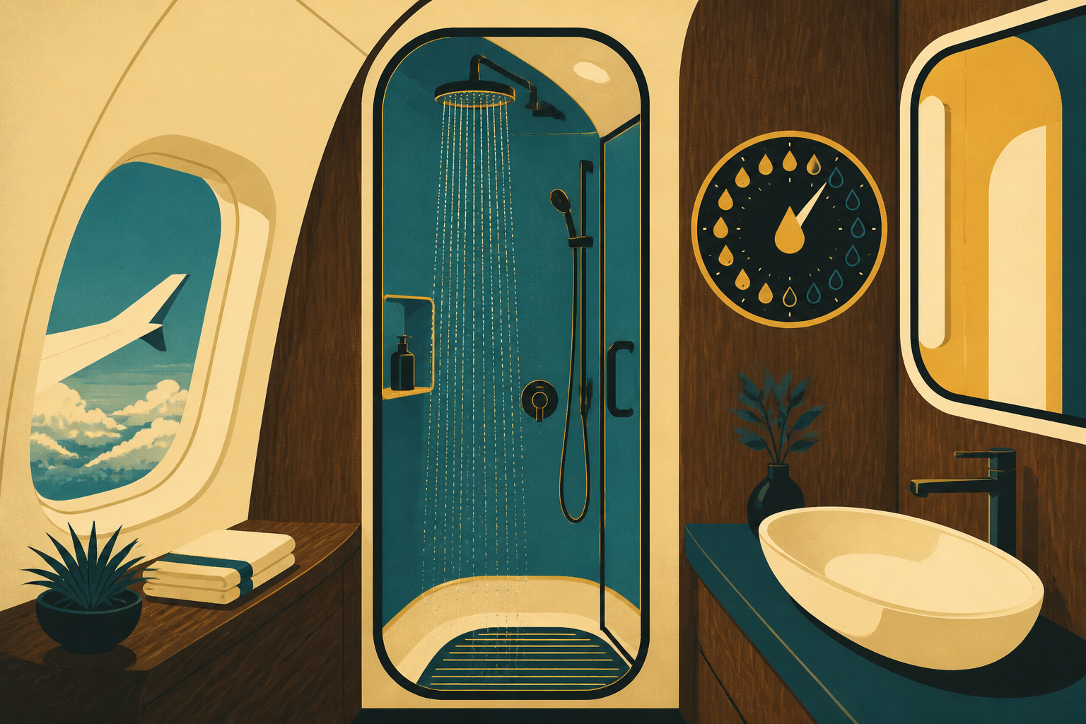 Silkscreen illustration of the First Class Shower Spa on the A380