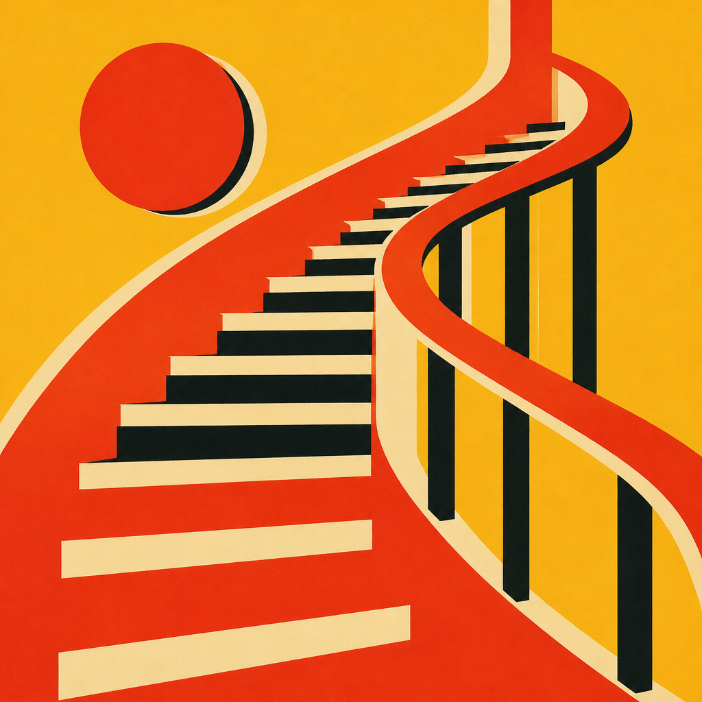Silkscreen graphic of the grand forward staircase sweeping to the upper deck
